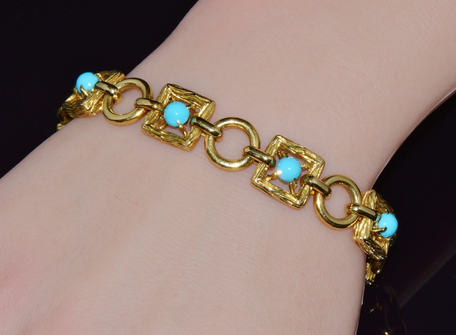 Vintage Mid-Century Solid 18K Gold & Natural Persian Turquoise Bracelet