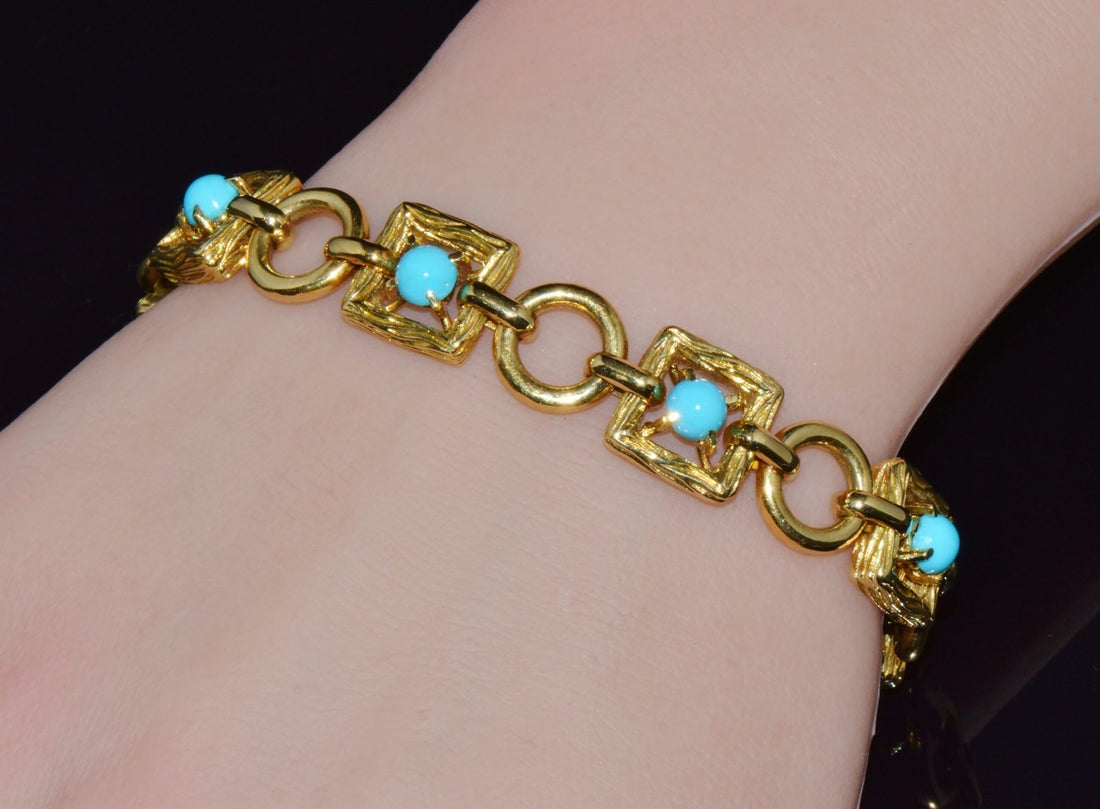 Vintage Mid-Century Solid 18K Gold & Natural Persian Turquoise Bracelet
