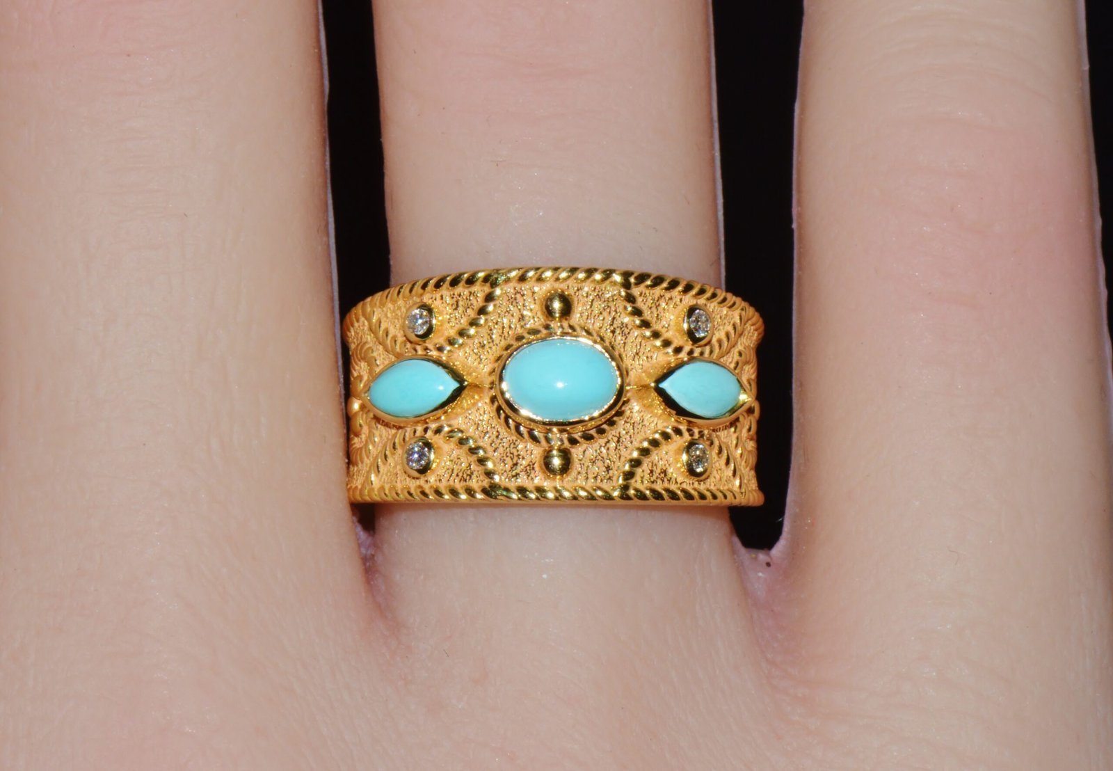 Gorgeous Natural Diamond Persian Turquoise 18K Solid Gold Byzantine Beaded Greek Ring Stacking Band