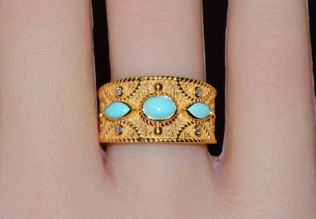 Gorgeous Natural Diamond Persian Turquoise 18K Solid Gold Byzantine Beaded Greek Ring Stacking Band