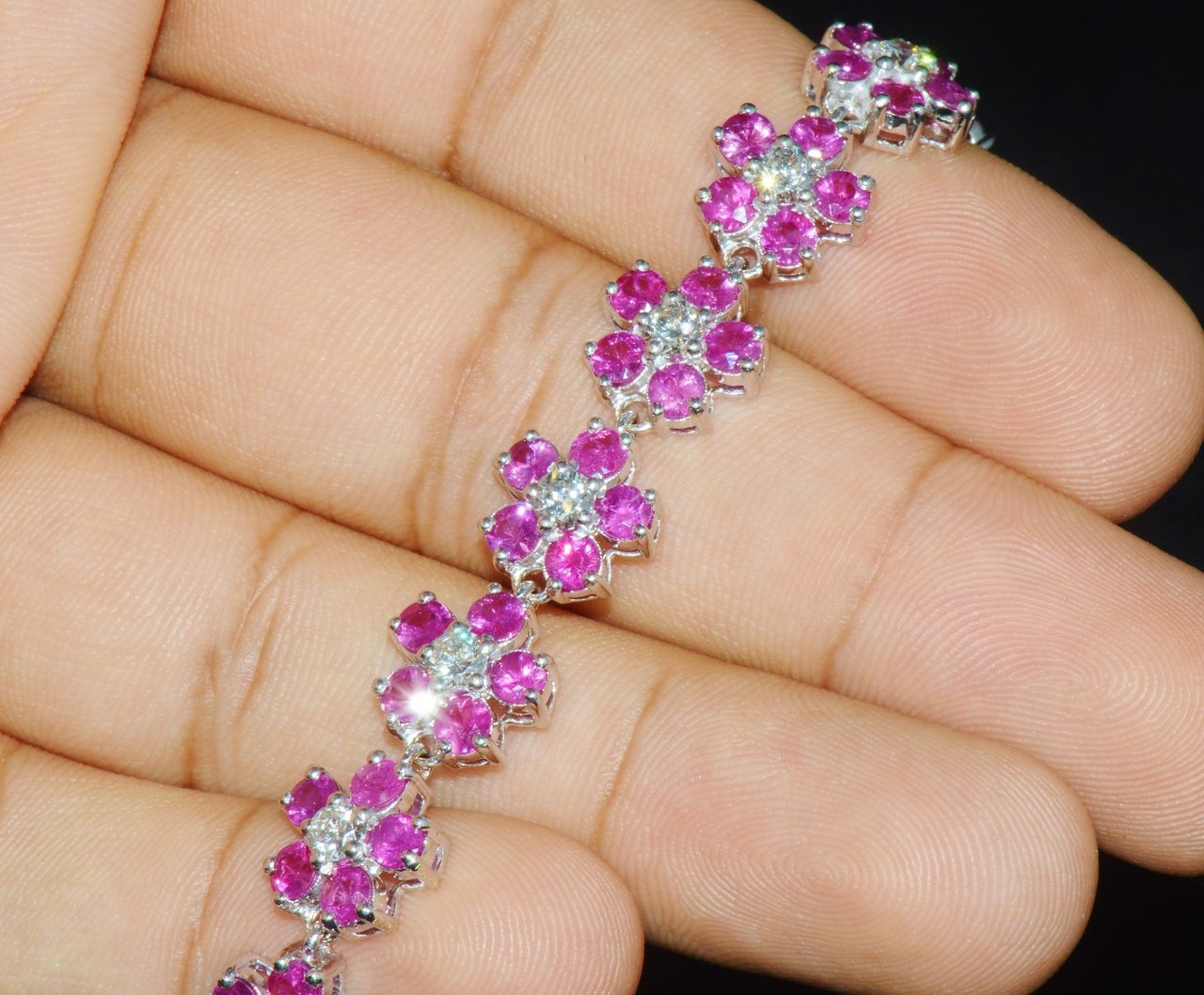 Certified Natural 18.6Ct VS F Diamond Ruby 18K Solid Gold Floral Tennis Bracelet
