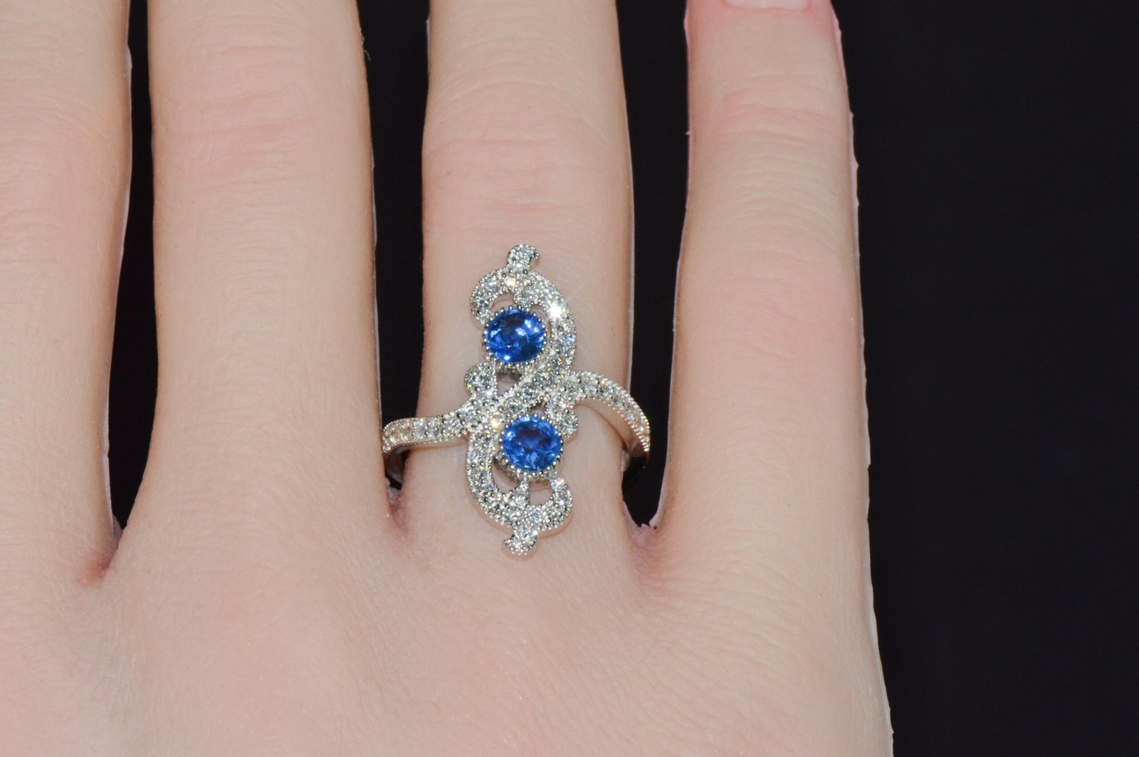 Certified Natural 1.40CTS Diamond & Sapphire 18K Solid White Gold Filigree Cocktail Ring