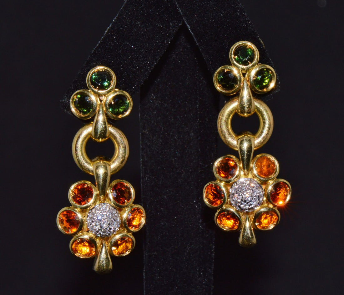 Authentic Vintage Piero Milano 5.40Cts Natural Spessartite Garnet Green Tourmaline Diamond Solid 18K Gold Earrings