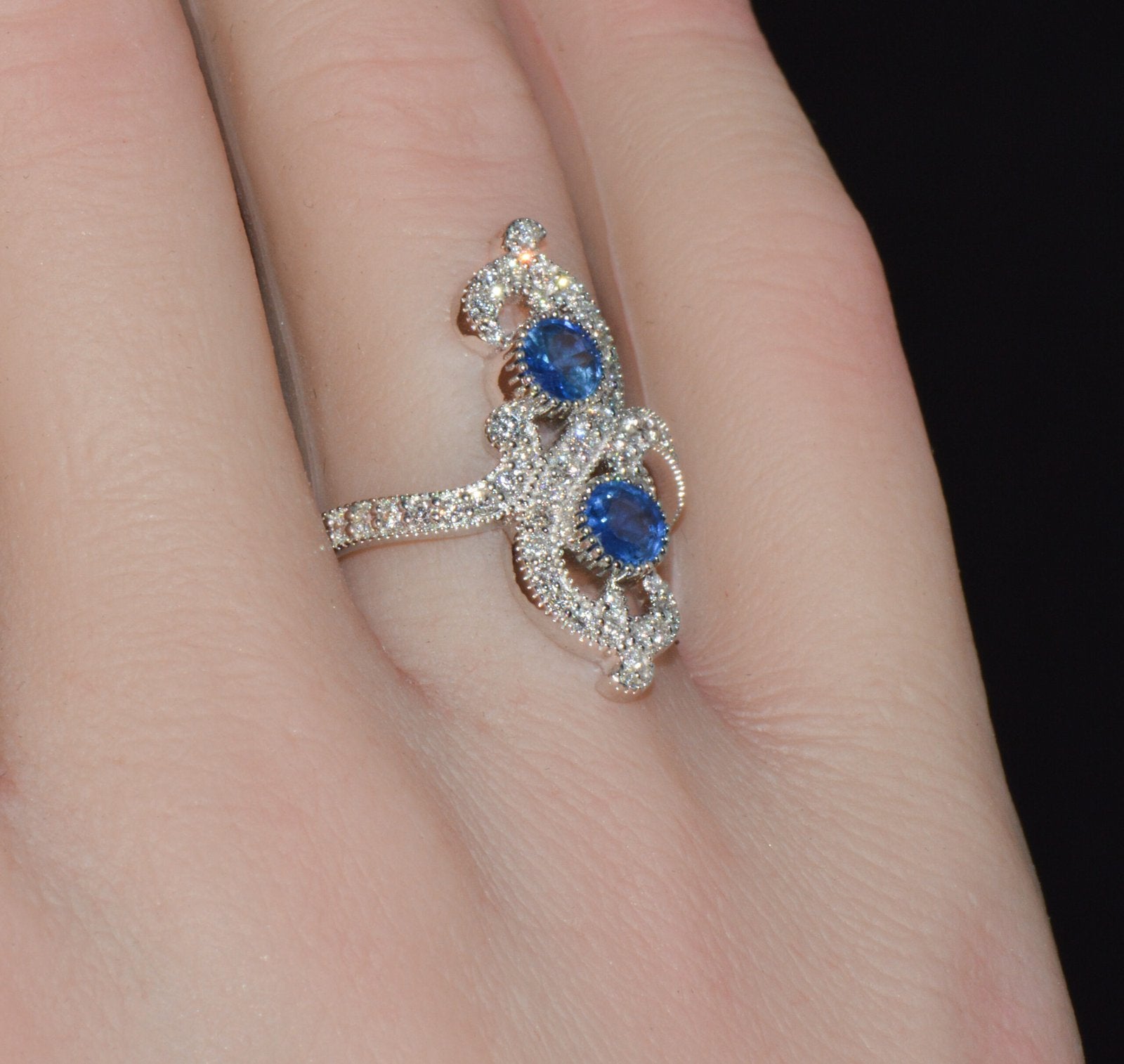 Certified Natural 1.40CTS Diamond & Sapphire 18K Solid White Gold Filigree Cocktail Ring