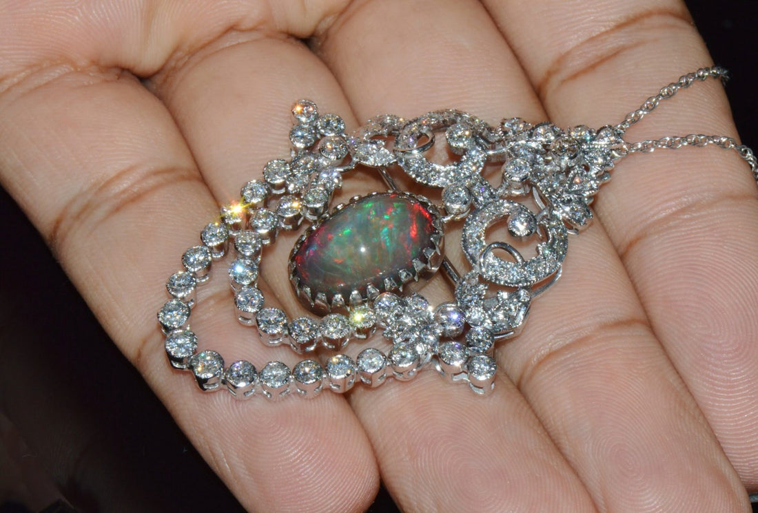Certified Natural 9.62CTS VS F Diamond Black Opal 18K Solid Gold Pendant Brooch