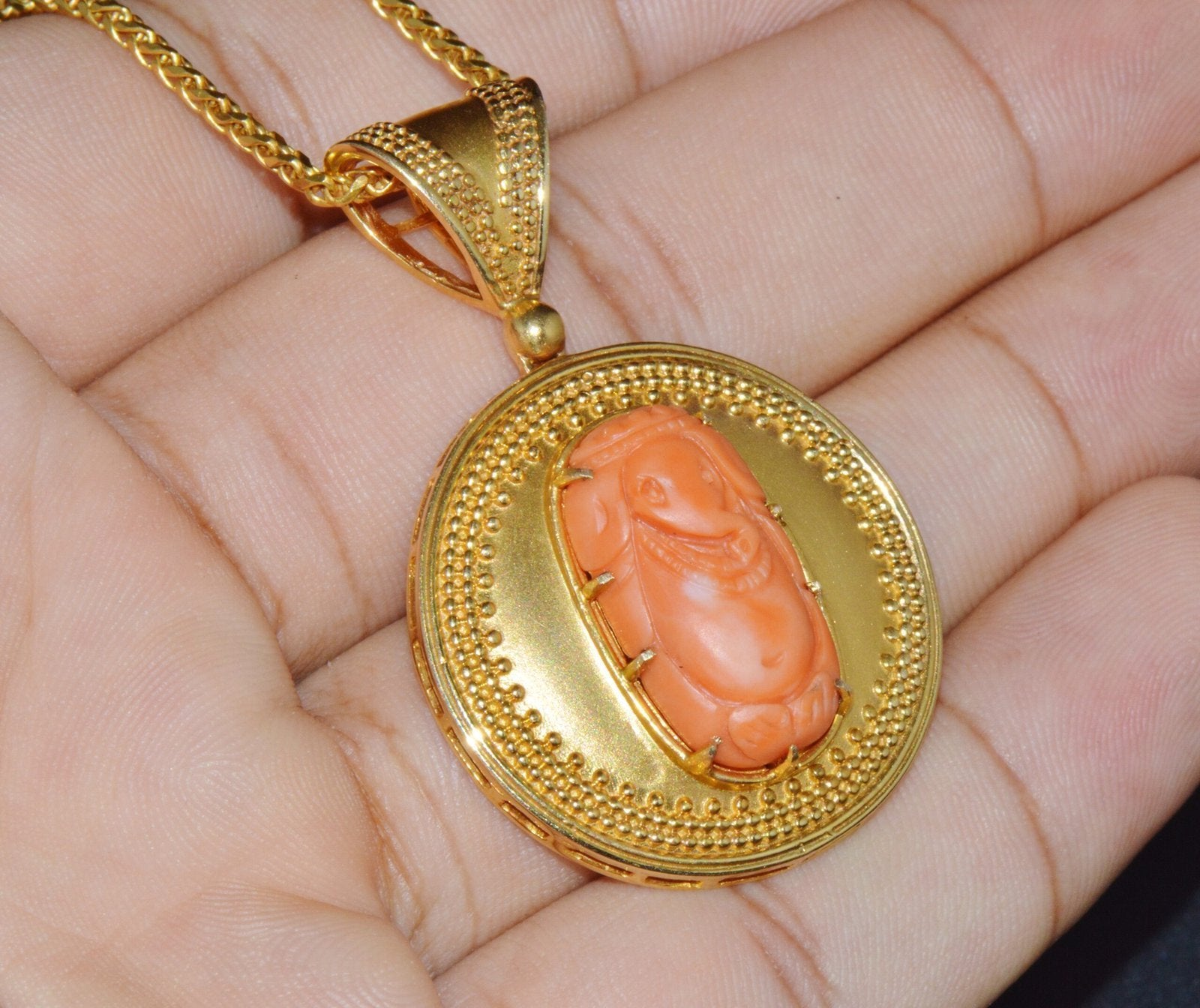 Certified Natural Carved Ganesh Coral 18K Solid Gold Pendant