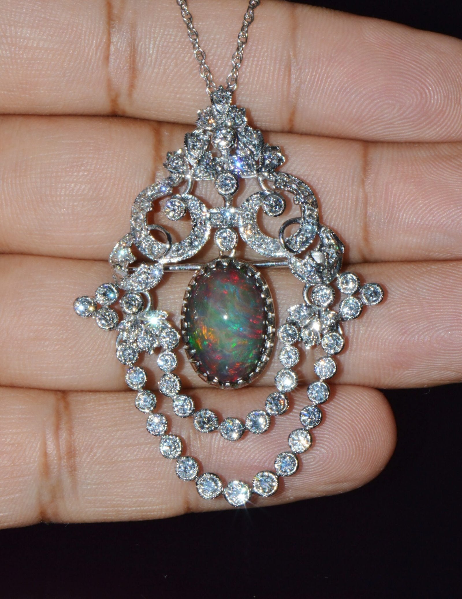 Certified Natural 9.62CTS VS F Diamond Black Opal 18K Solid Gold Pendant Brooch