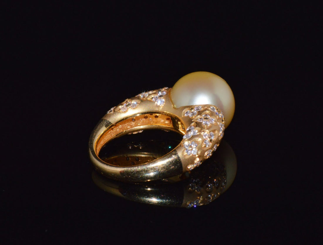 Certified Natural 1.31Cts VS F Diamond 13MM South Sea Pearl 18K Solid Gold Ring