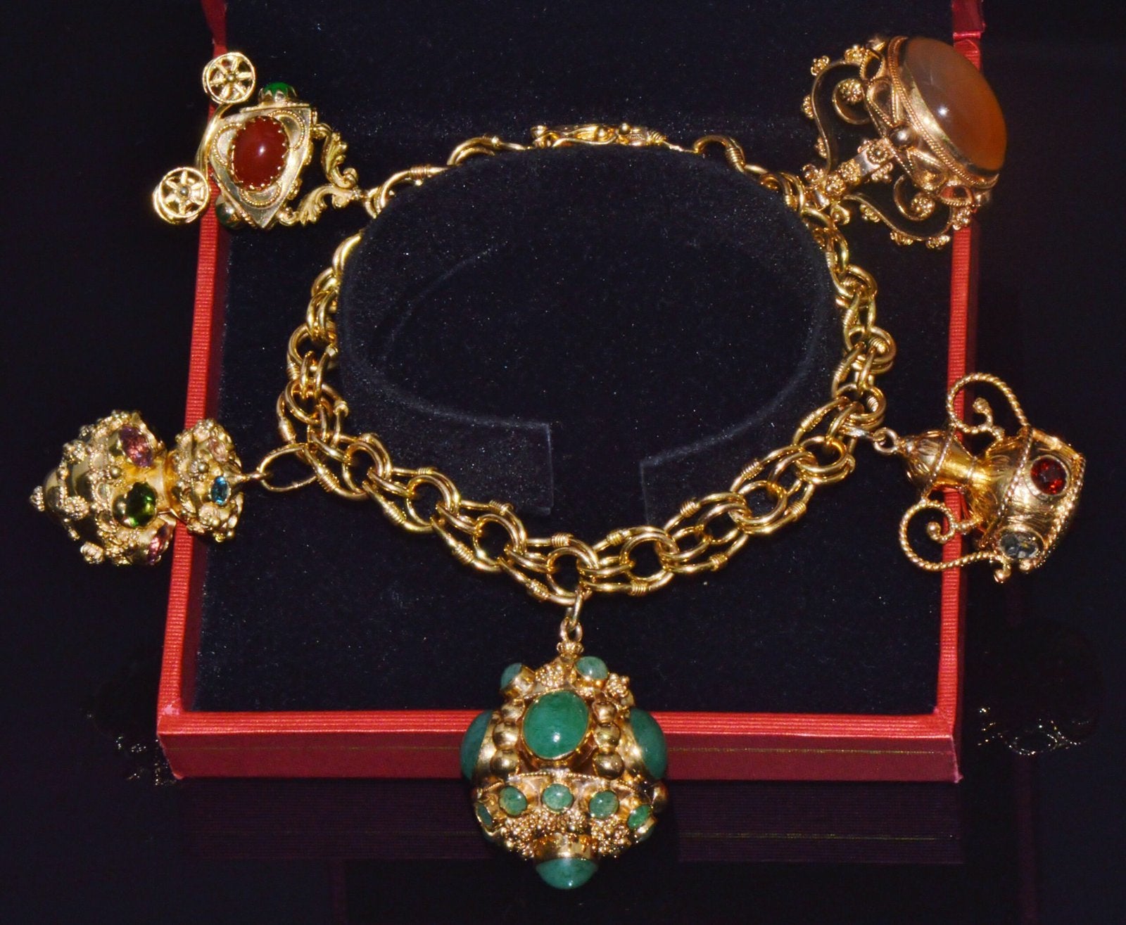 Vintage Portuguese Italian Solid 19.2K & 18K Gold Etruscan Revival Multigem Fob Charm Bracelet