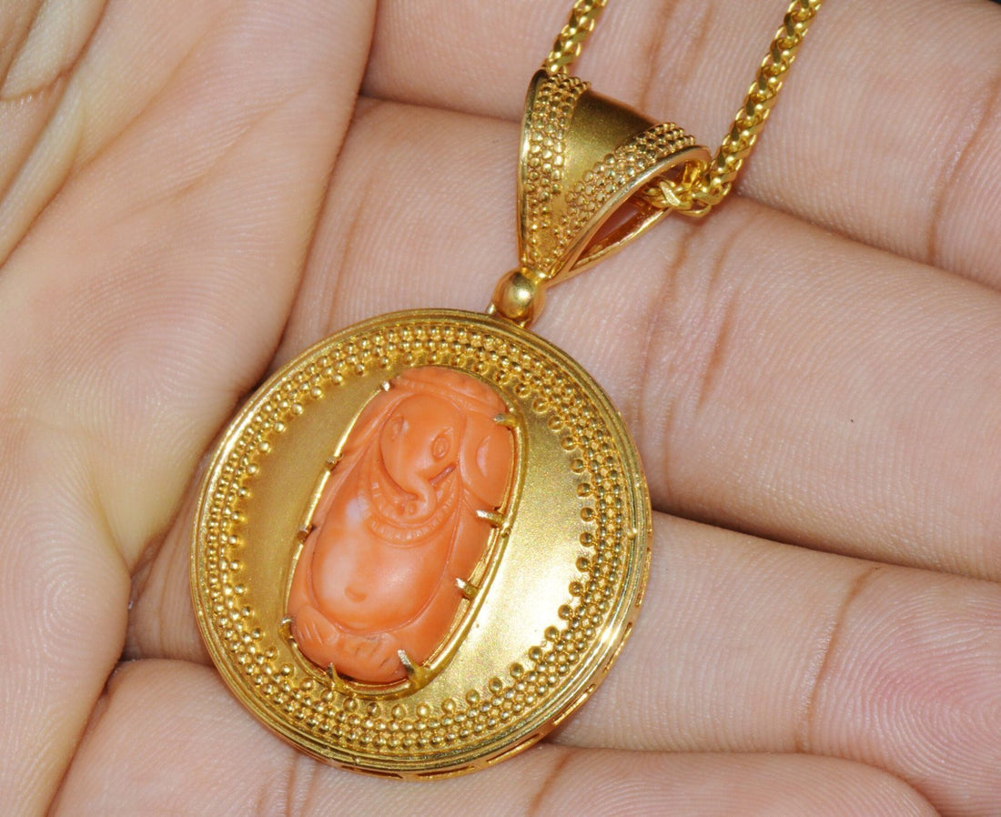 Certified Natural Carved Ganesh Coral 18K Solid Gold Pendant
