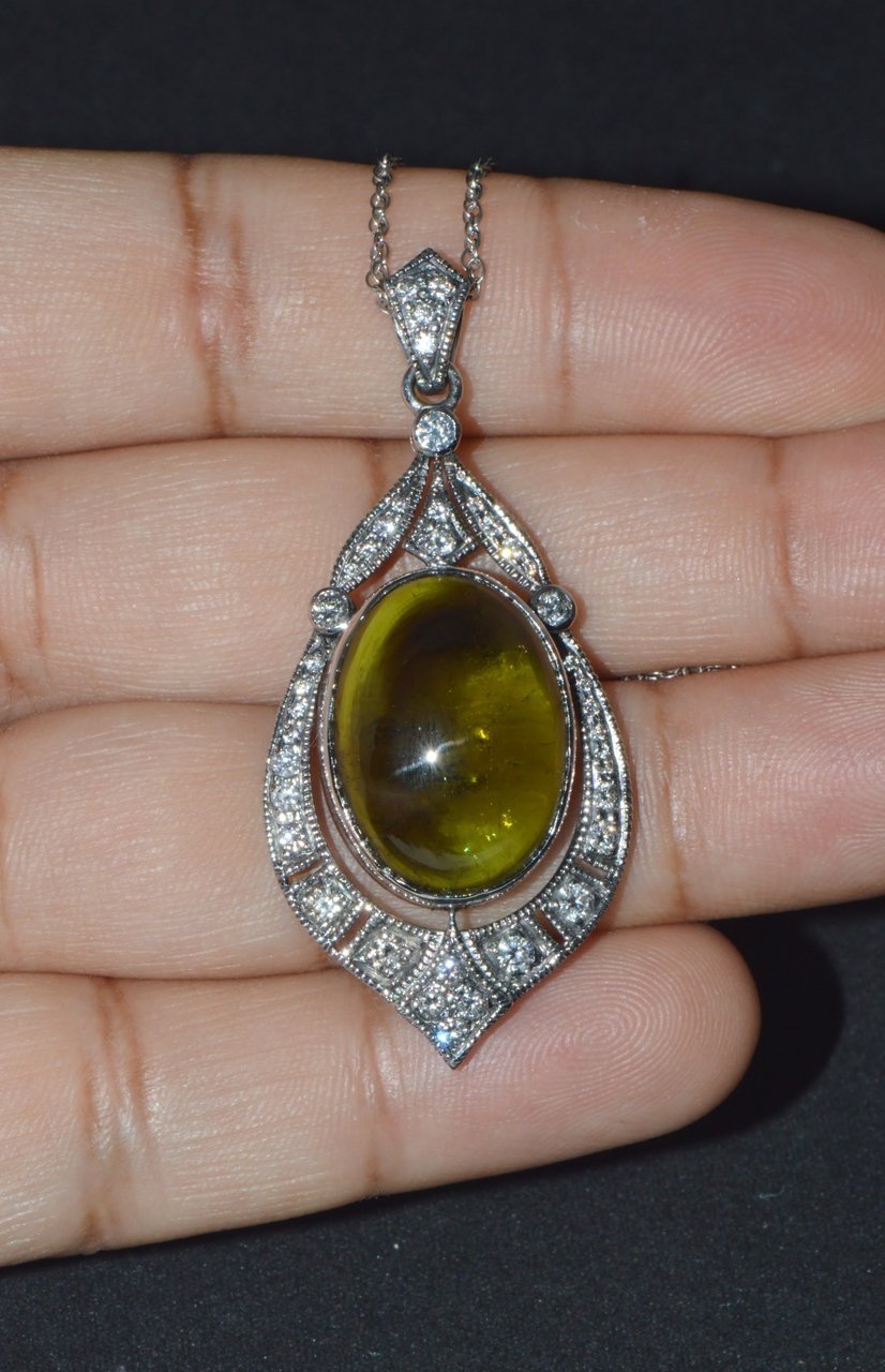 Certified Natural 28.17Cts Diamond Green Tourmaline 18K Gold Art Deco Slide Pendant Necklace