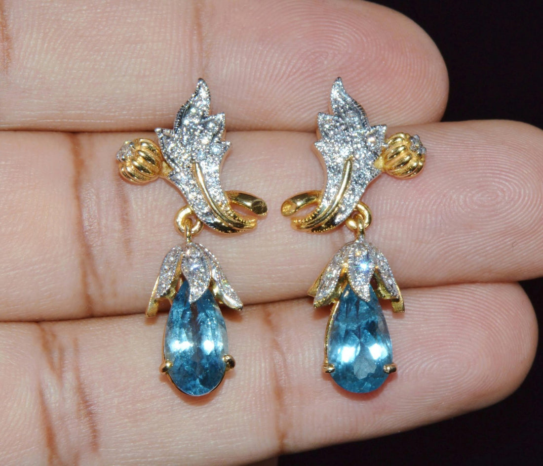Certified Natural 5.67Cts VS F Diamond Aquamarine 18K Gold Dangle Earrings
