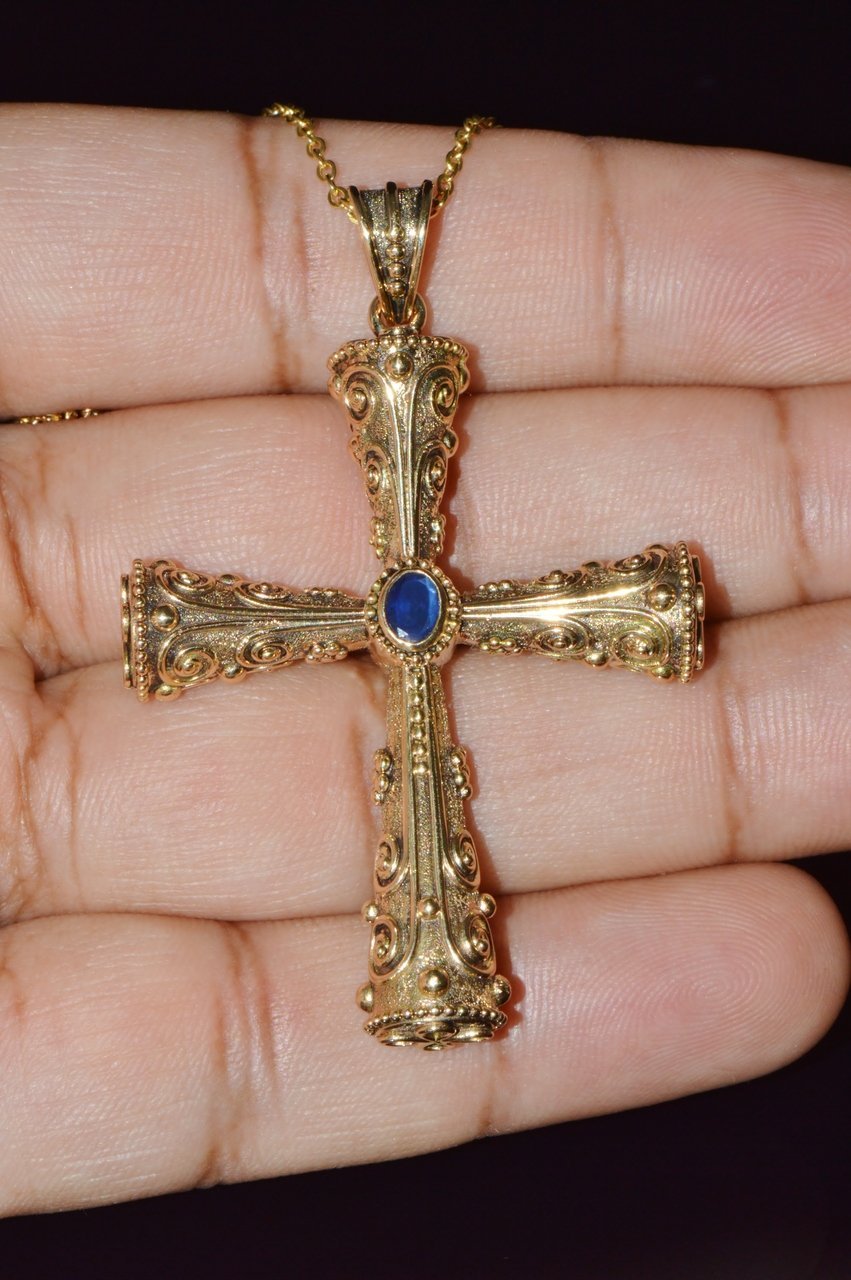 Certified Natural 0.88Cts Diamond Sapphire 18K 750 Solid Gold Filigree Cross Byzantine Greek Reversible Pendant