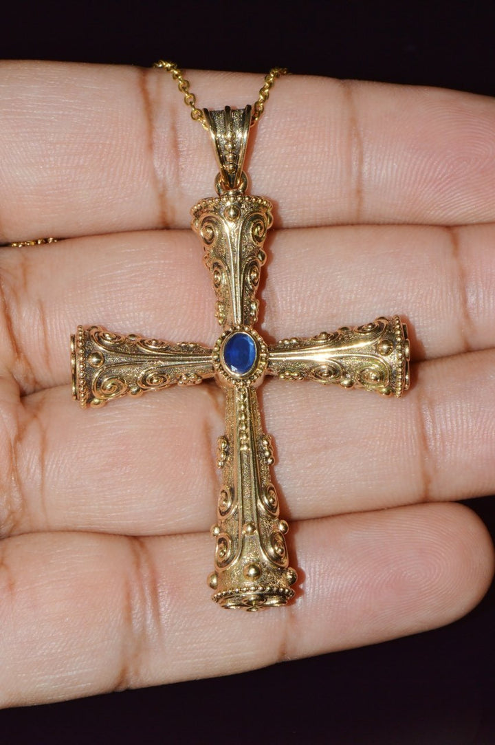 Certified Natural 0.88Cts Diamond Sapphire 18K 750 Solid Gold Filigree Cross Byzantine Greek Reversible Pendant