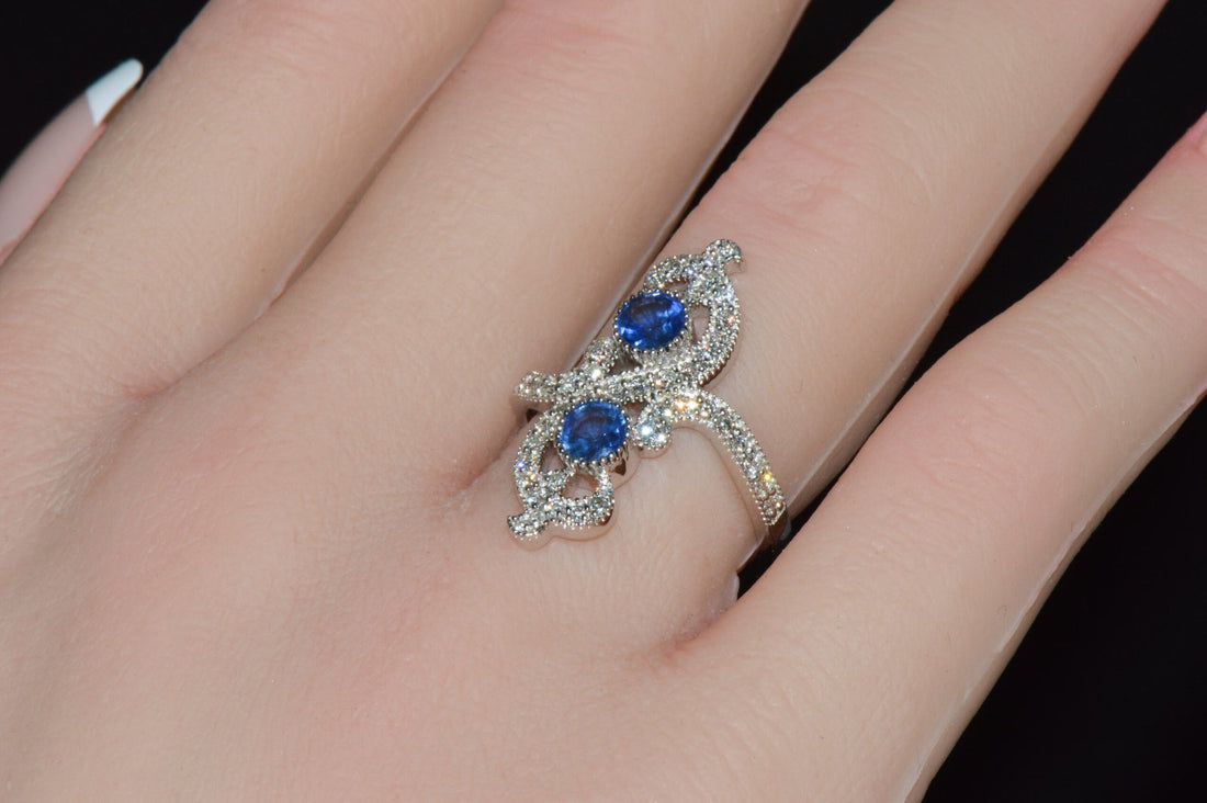 Certified Natural 1.40CTS Diamond & Sapphire 18K Solid White Gold Filigree Cocktail Ring