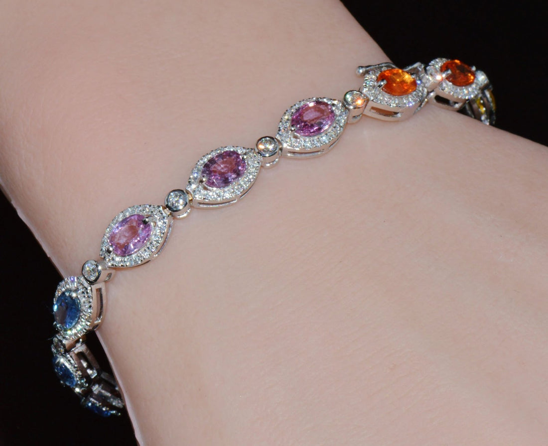Certified Natural 11.32CTS VS F Diamond Multi-Color Sapphire 18K Solid Gold Tennis Stacking Bracelet