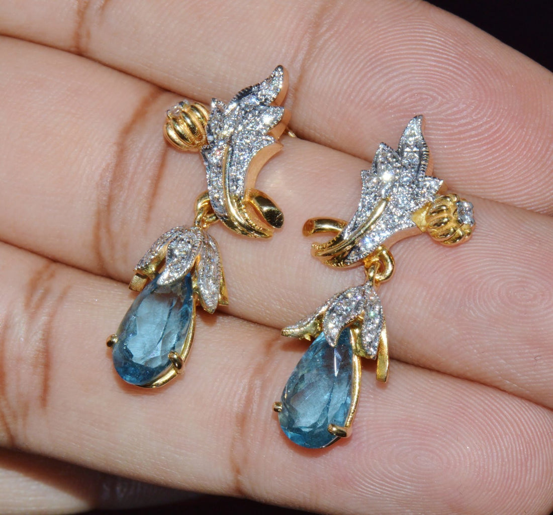 Certified Natural 5.67Cts VS F Diamond Aquamarine 18K Gold Dangle Earrings