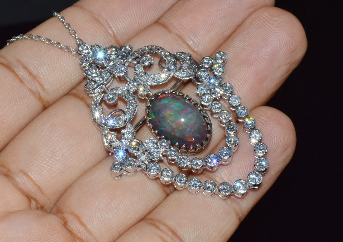 Certified Natural 9.62CTS VS F Diamond Black Opal 18K Solid Gold Pendant Brooch