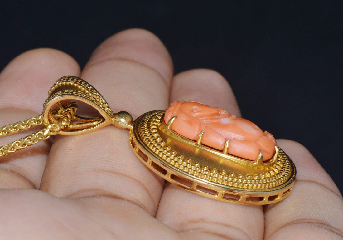 Certified Natural Carved Ganesh Coral 18K Solid Gold Pendant