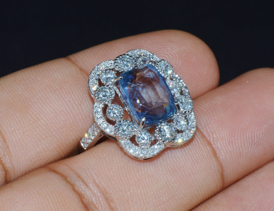 GIA Natural 9.66CTS VS F Diamond No Heat Blue Sapphire 750 18K Gold Cocktail Ring