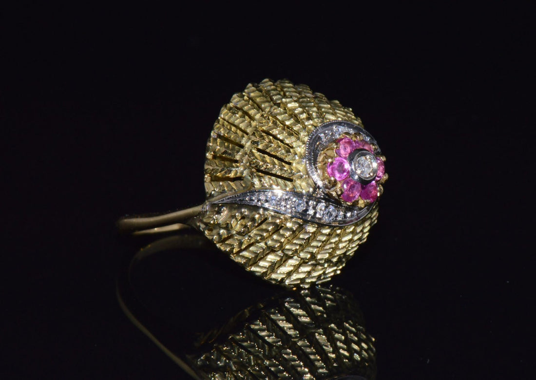 Vintage Natural .50Cts VS G Diamond Ruby 18K Solid Gold 2 Tone Bombay Dome Ring