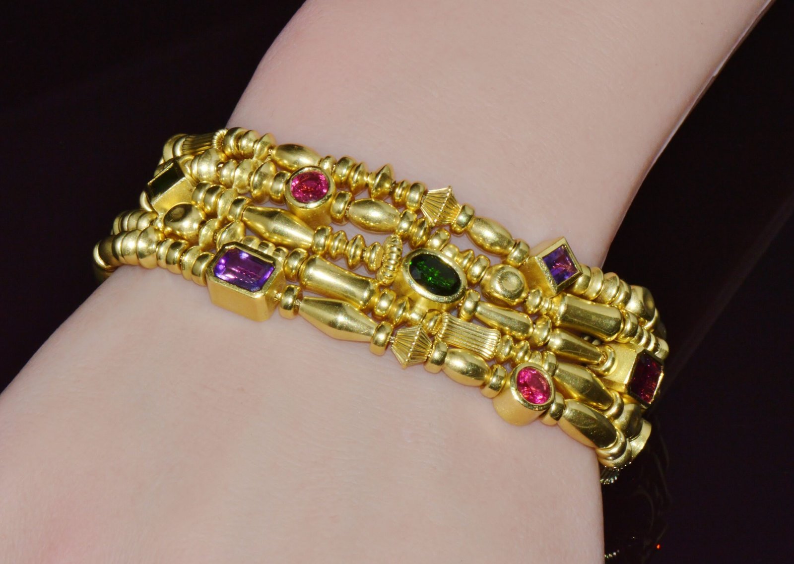 Designer Seidengang Natural Tourmaline Amethst Garnet 18K Solid Gold Multi-Strand Beaded Bracelet