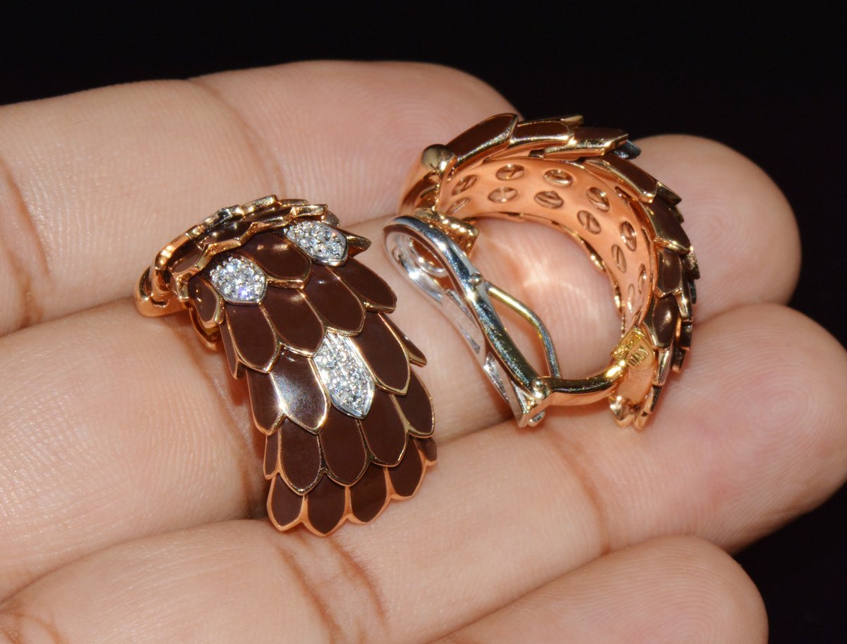 Vintage Roberto Coin Animalier 0.32CT Natural Diamond Feather Earrings in Solid 18K Rose & White Gold