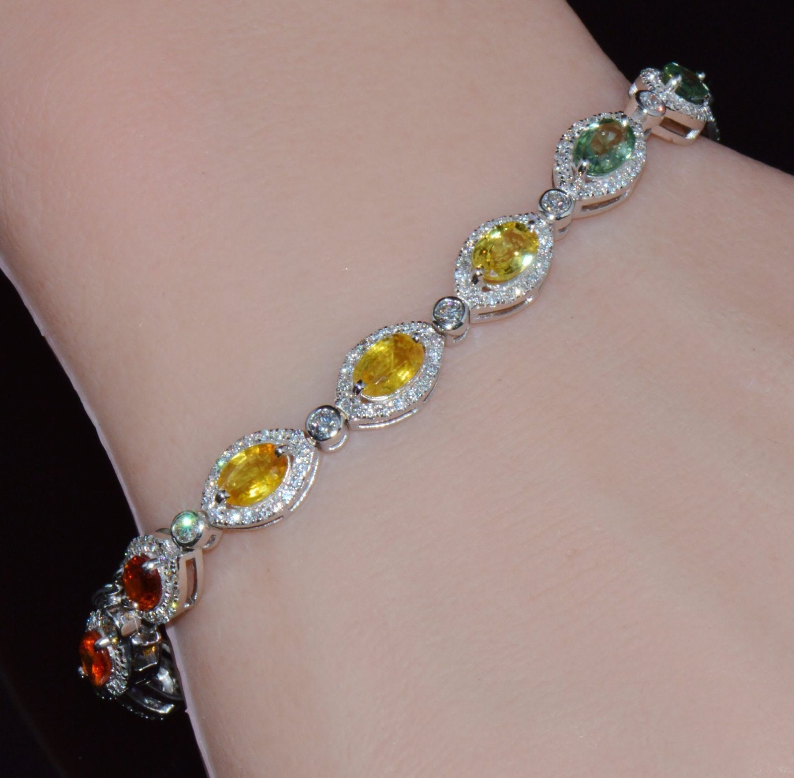 Certified Natural 11.32CTS VS F Diamond Multi-Color Sapphire 18K Solid Gold Tennis Stacking Bracelet