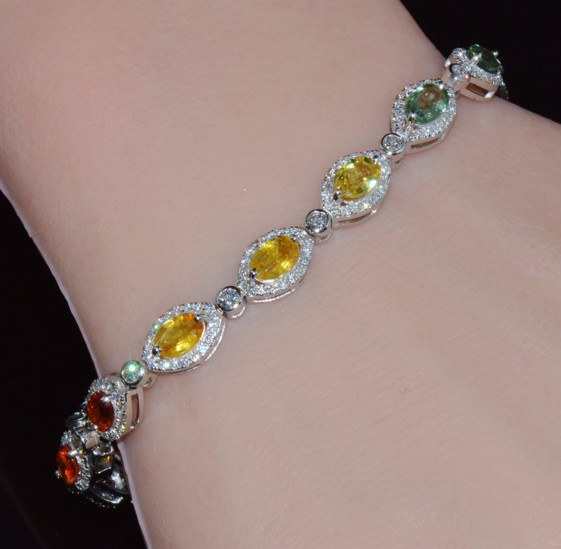 Certified Natural 11.32CTS VS F Diamond Multi-Color Sapphire 18K Solid Gold Tennis Stacking Bracelet