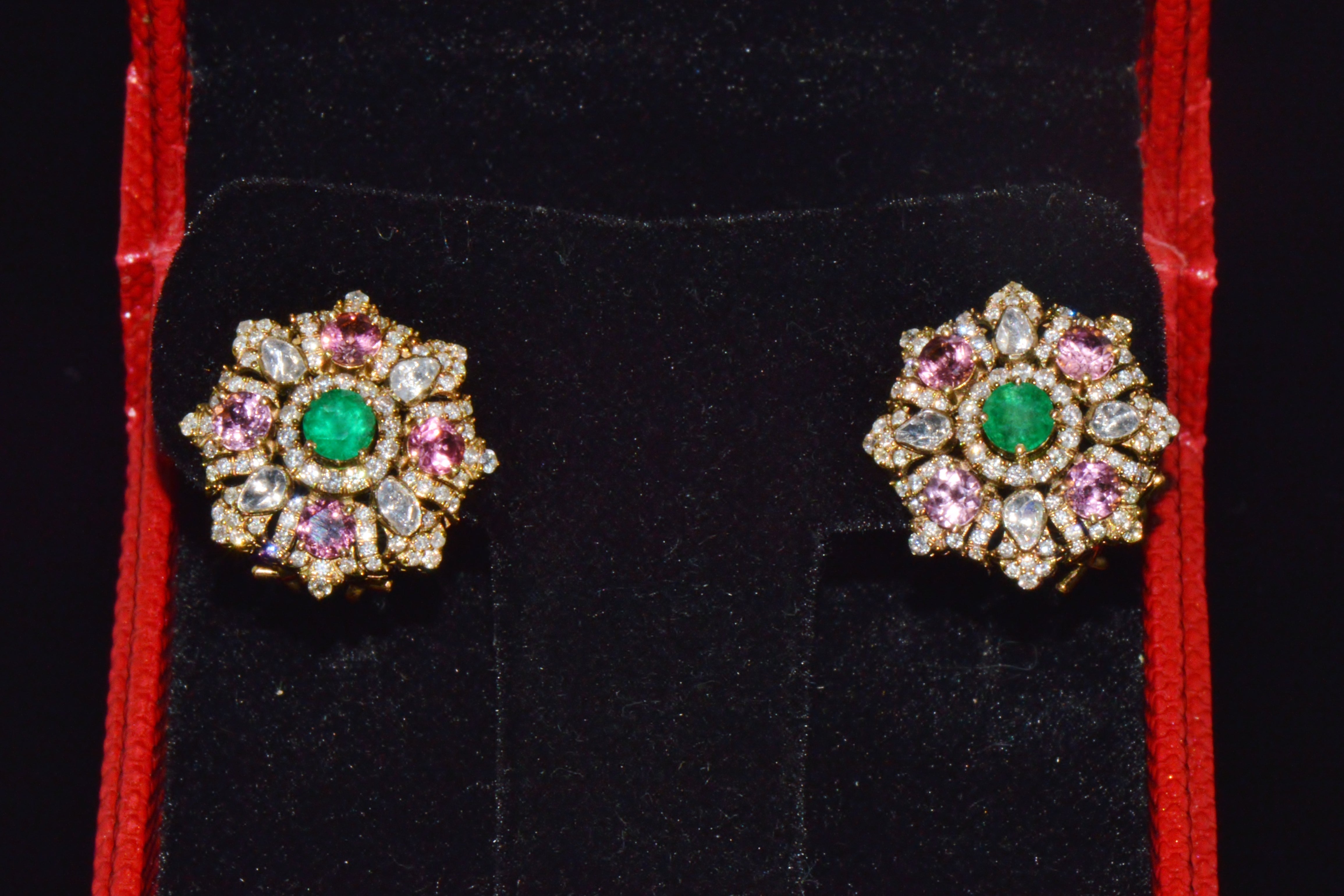 Natural 4.89CTS Diamond, Emerald & Pink Tourmaline 18K Gold Floral Earrings