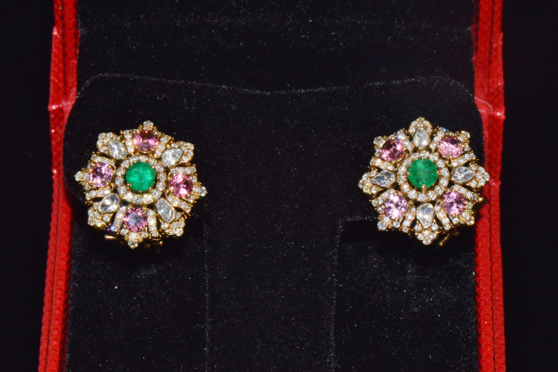 Natural 4.89CTS Diamond, Emerald & Pink Tourmaline 18K Gold Floral Earrings
