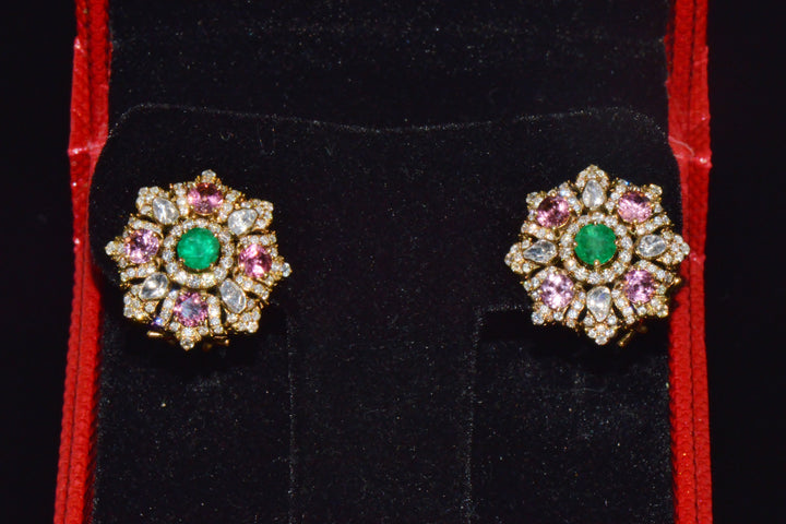 Certified 4.89 Ct Diamond Emerald Pink Tourmaline 18K Gold Earrings