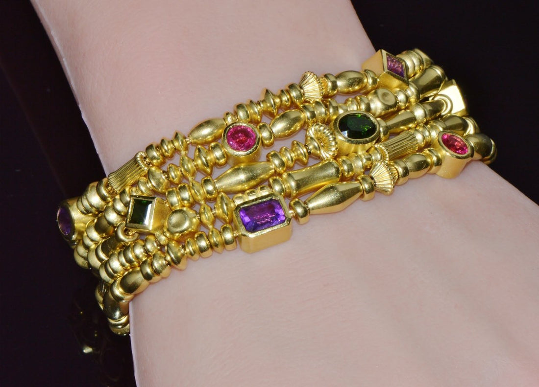 Designer Seidengang Natural Tourmaline Amethst Garnet 18K Solid Gold Multi-Strand Beaded Bracelet