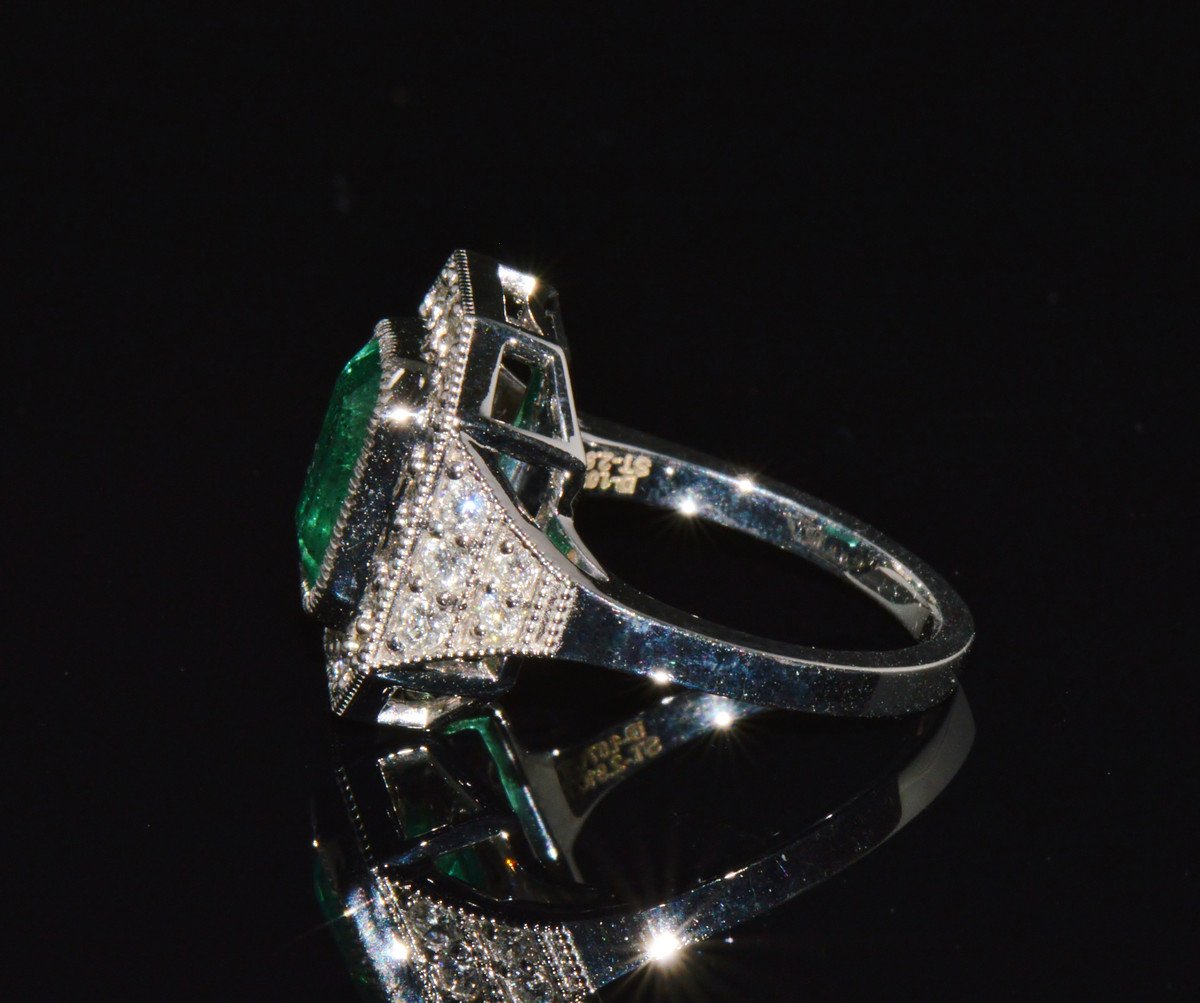 GIA Certified 3.98CT Natural Zambian Emerald & Diamond Tiered Halo Milgrain 18K White Gold Ring