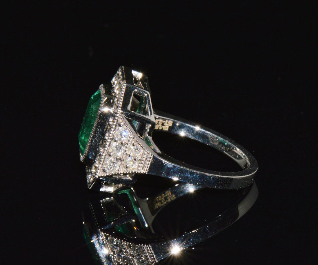 GIA Certified 3.98CT Natural Zambian Emerald & Diamond Tiered Halo Milgrain 18K White Gold Ring