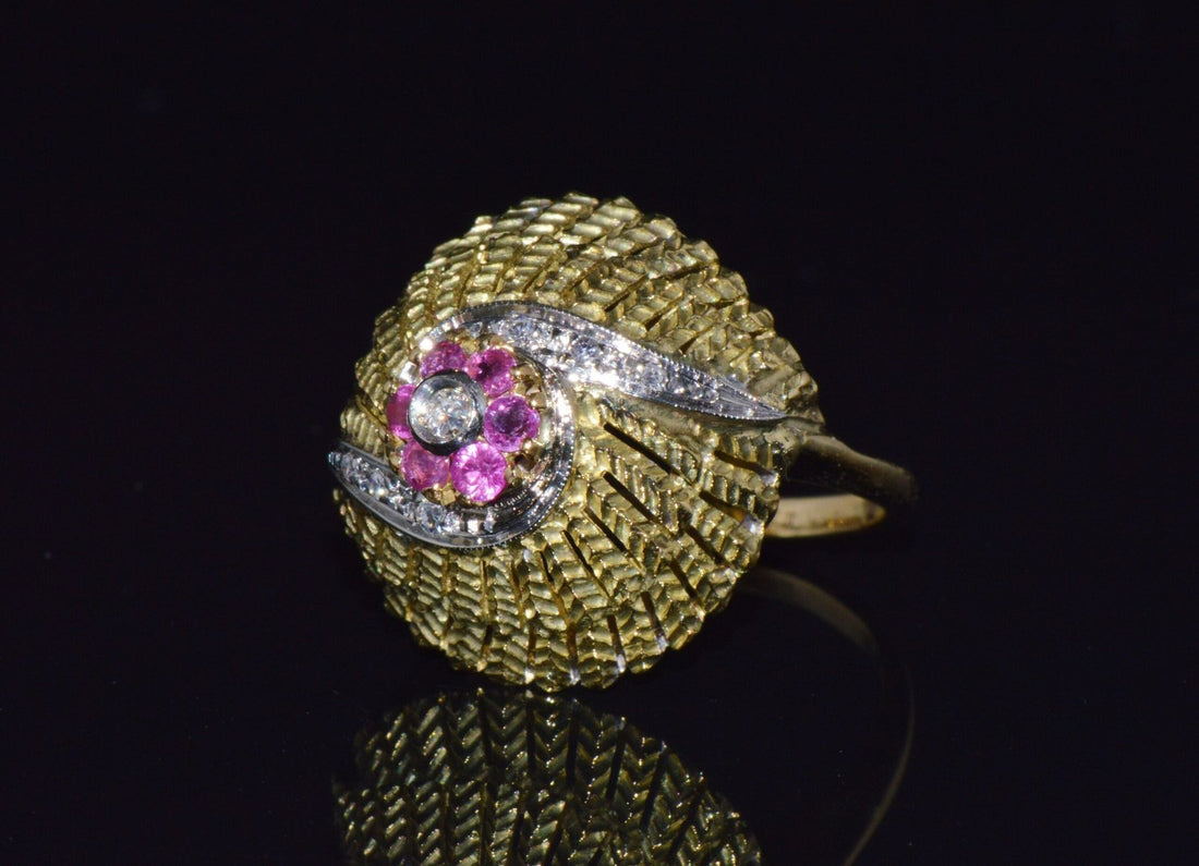 Vintage Natural .50Cts VS G Diamond Ruby 18K Solid Gold 2 Tone Bombay Dome Ring