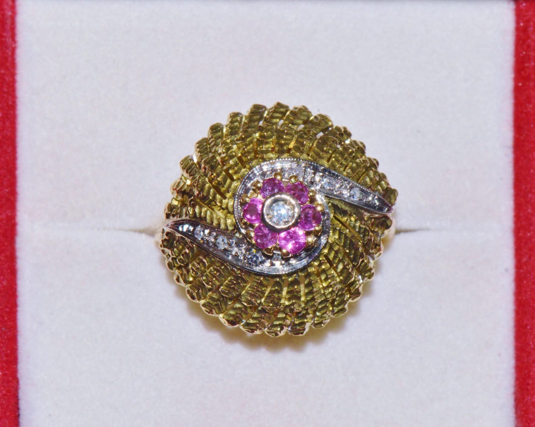 Vintage Natural .50Cts VS G Diamond Ruby 18K Solid Gold 2 Tone Bombay Dome Ring