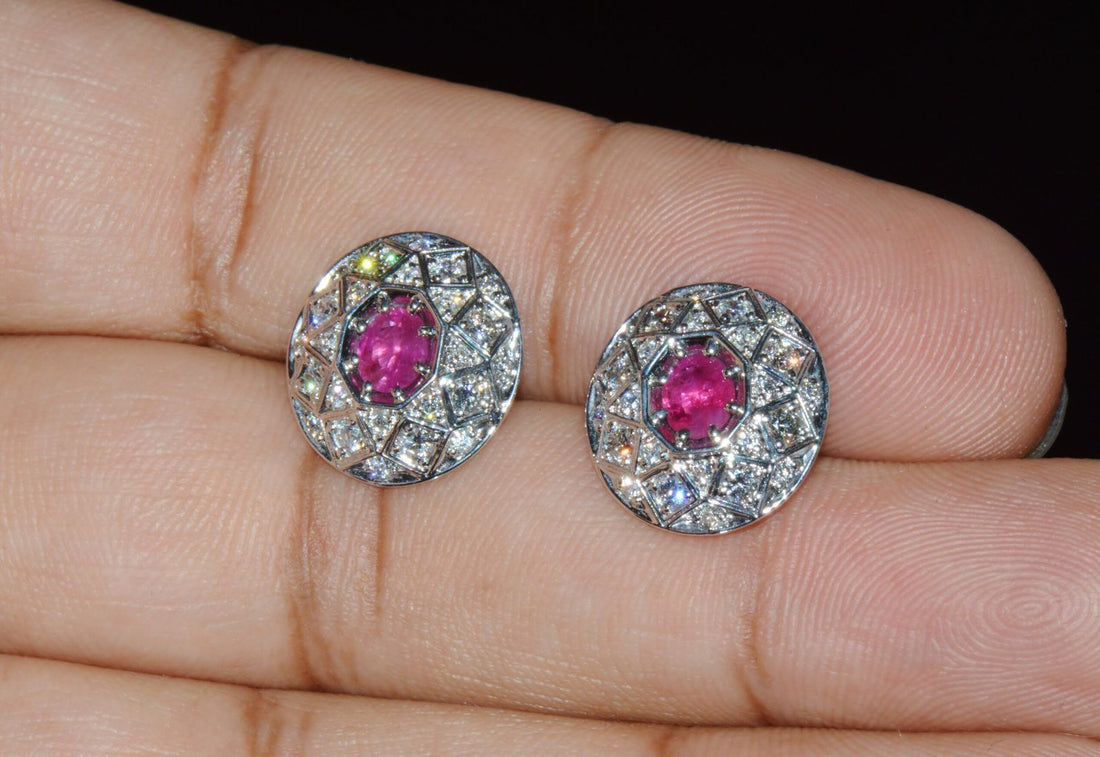 Certified Natural 1.6CTS VS F Diamond Ruby 18K Solid Gold Geometric Disc Earrings