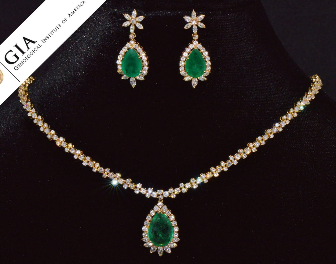 GIA Certified Natural 21.76CTS VS F Diamond Emerald 18K Solid Gold Necklace Earrings Set