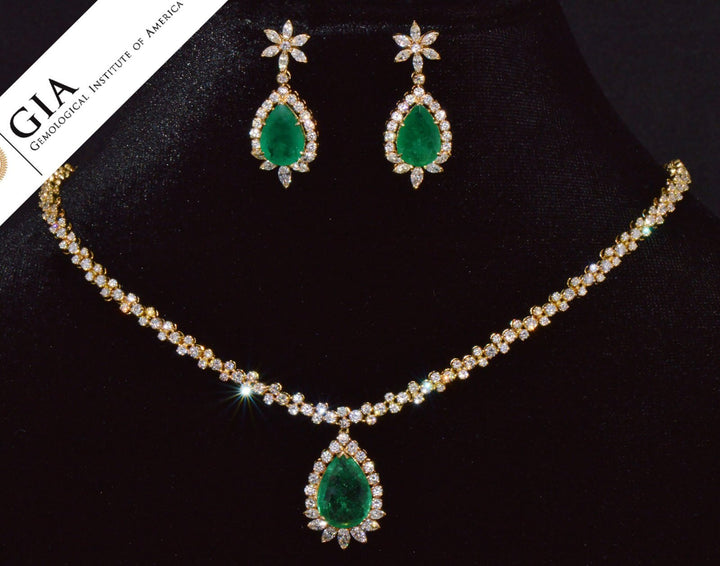 GIA Certified Natural 21.76CTS VS F Diamond Emerald 18K Solid Gold Necklace Earrings Set