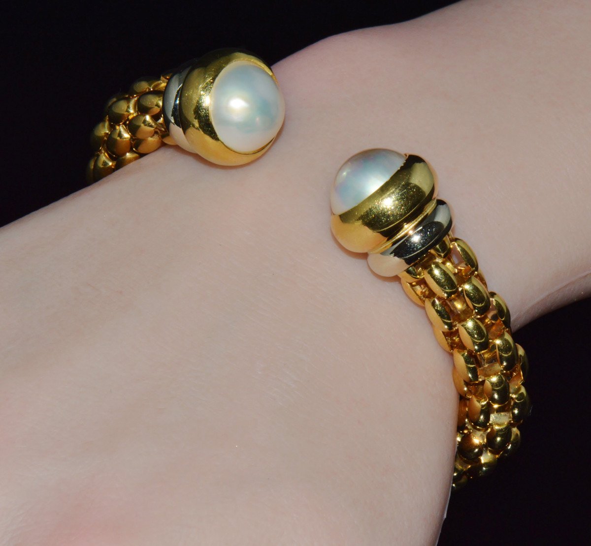 Vintage FOPE Flex’it Solid 18K Gold Pearl Open Cuff Bangle Bracelet