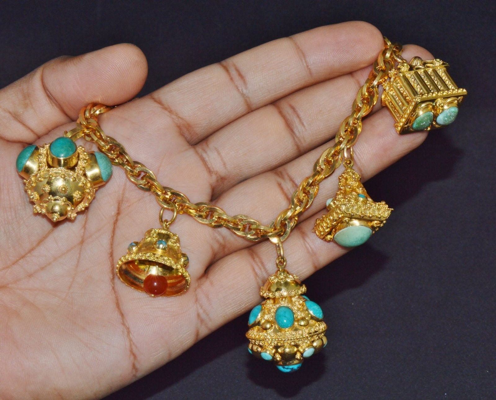 Estate Italian UNOAERRE Etruscan Revival Solid 18K Gold Turquoise Carnelian Charm Fob Bracelet