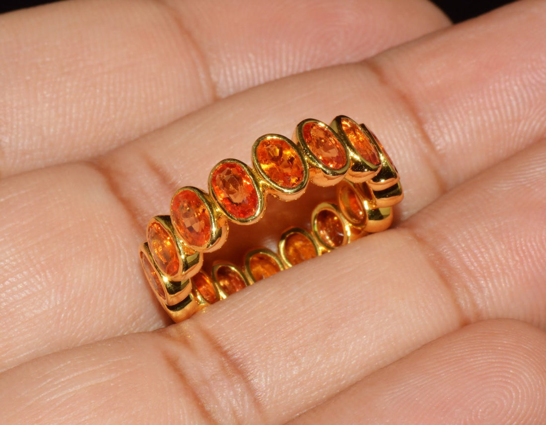 Certified Natural 5.04Cts Orange Sapphire Solid 18K Gold Eternity Band Ring Sz 6.5