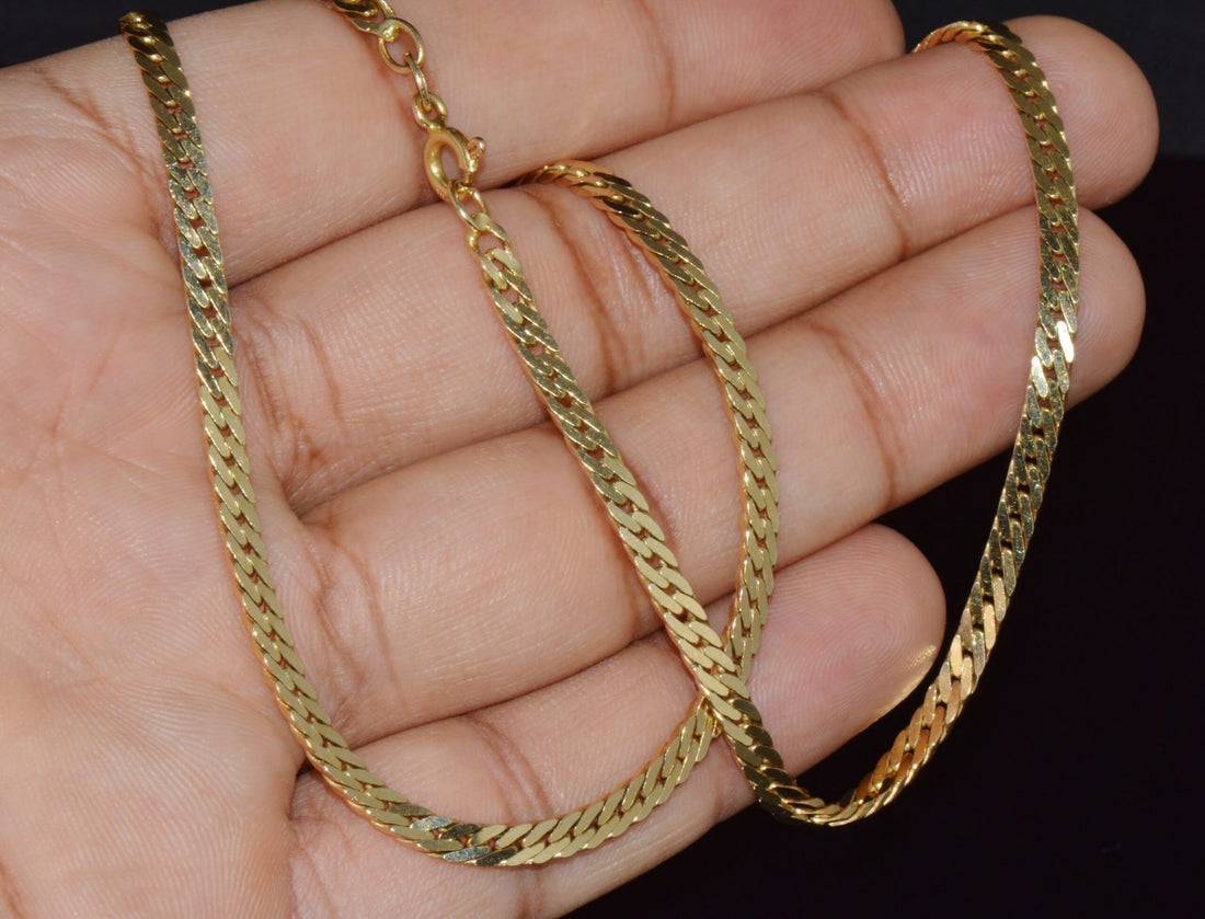 Italian 14K Solid Yellow Gold Faceted Flat Curb Chain Necklace