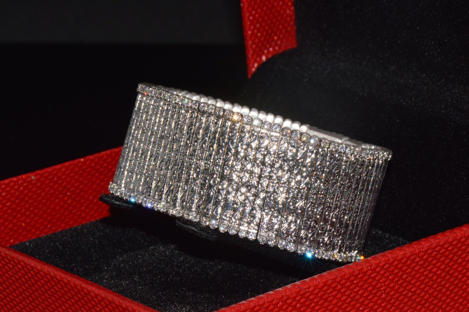 Rare Roberto Coin Natural 3.20CT Diamond Floral Scroll Work Wide Bracelet in Solid 18K White Gold