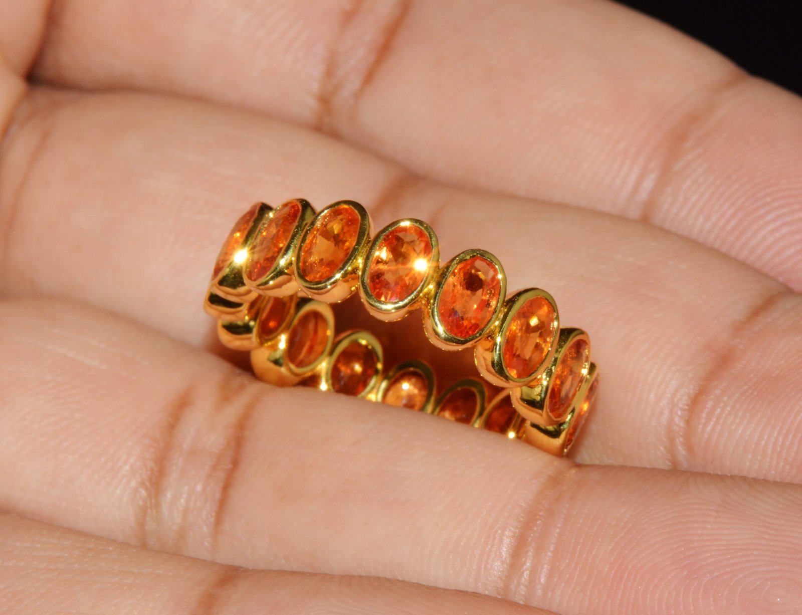 Certified Natural 5.04Cts Orange Sapphire Solid 18K Gold Eternity Band Ring Sz 6.5