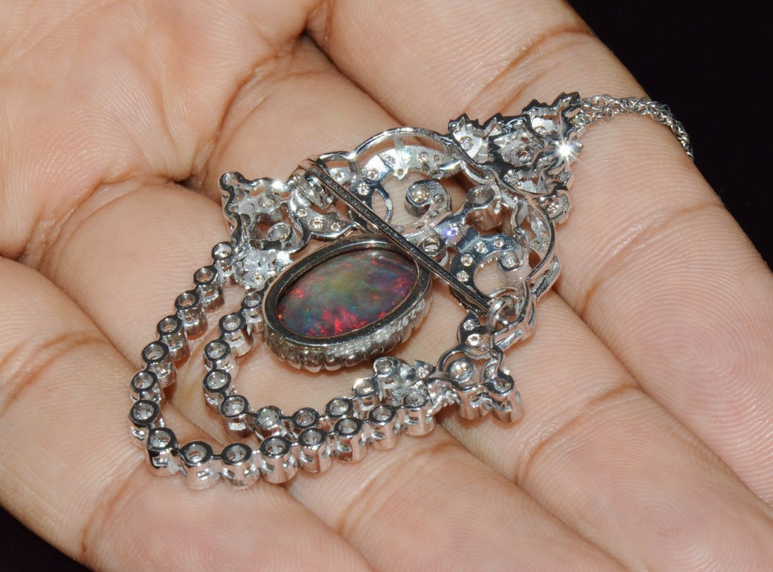 Certified Natural 9.62CTS VS F Diamond Black Opal 18K Solid Gold Pendant Brooch