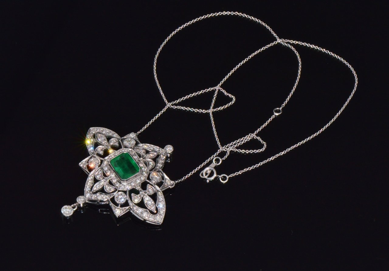 Vintage Art Deco GIA Natural 6.91Cts VS F Diamond Emerald 18K Solid Gold 950 Platinum Pendant Necklace