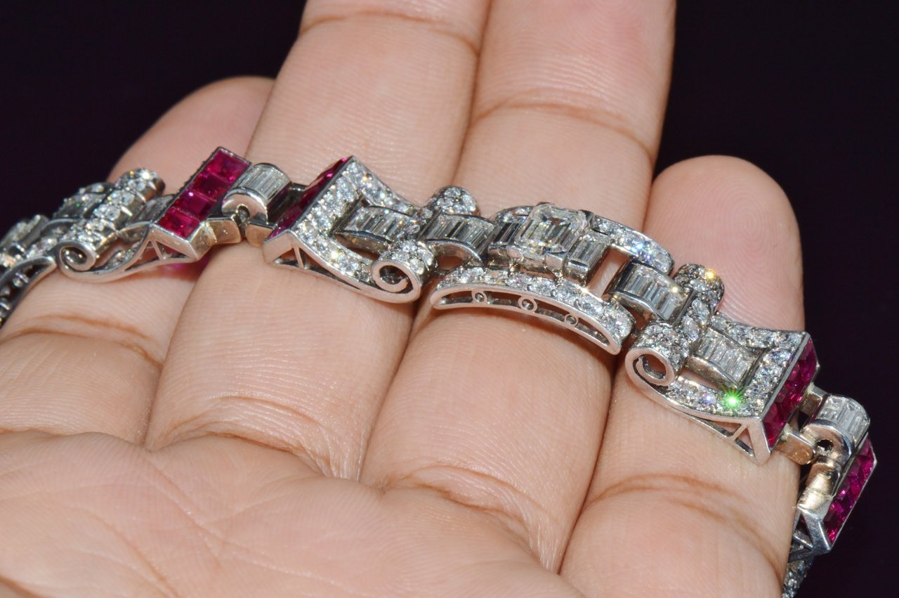 Waslikoff & Sons GIA Certified Natural 21.5Cts Burma Ruby Diamond Platinum Art Deco Bracelet