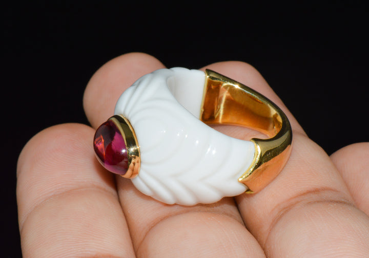 Vintage Bvlgari Chandra Pink Tourmaline & White Porcelain Ring in 18K Yellow Gold – Size 7.5